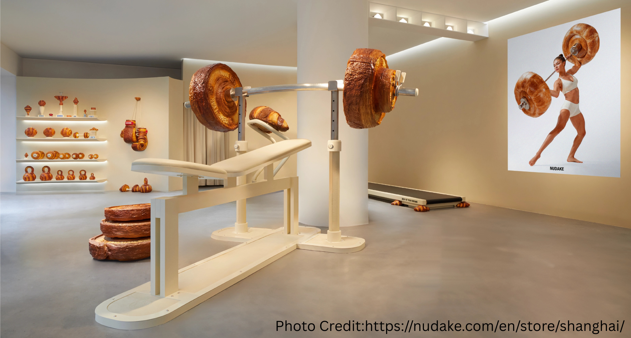 Croissant-shaped weights and exercise equipment in a Shanghai art cafe