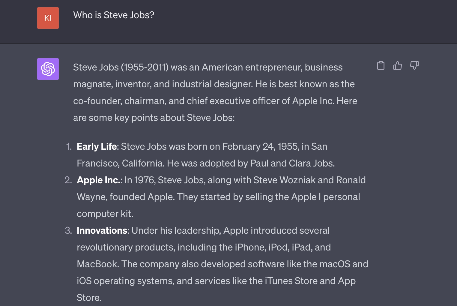 Okayes ChatGPT weiß wer Steve Jobs ist. Wer weiß das nicht 🥱