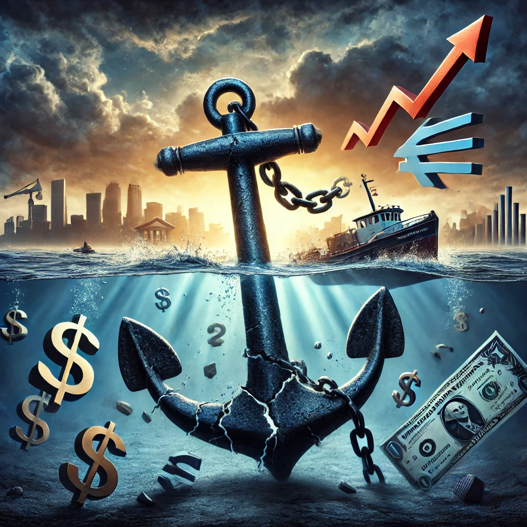 A large cracked anchor sinking underwater, symbolizing financial instability. The chain attached to the anchor is breaking apart. Floating above the water are symbols representing inflation (rising prices), central bank manipulation (a printing press with dollar signs), and negative yields (a bond certificate with a negative symbol). The background features a stormy sky representing market volatility, with distant silhouettes of stocks, real assets, and alternative investments faintly illuminated by a golden glow, suggesting the future of wealth preservation. Dark blues and grays dominate the scene, with bursts of red and orange highlighting financial risks. A large cracked anchor sinking underwater, symbolizing financial instability. The chain attached to the anchor is breaking apart. Floating above the water are symbols representing inflation (rising prices), central bank manipulation (a printing press with dollar signs), and negative yields (a bond certificate with a negative symbol). The background features a stormy sky representing market volatility, with distant silhouettes of stocks, real assets, and alternative investments faintly illuminated by a golden glow, suggesting the future of wealth preservation. Dark blues and grays dominate the scene, with bursts of red and orange highlighting financial risks.