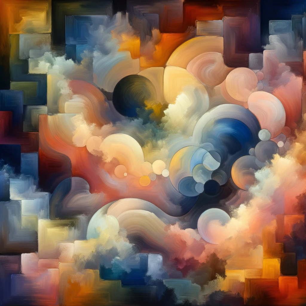 Oil painting of abstract shapes overlapping each other with a mix of warm and cool tones, evoking a sense of dreamy mystery.