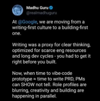 Post do Google sobre a mudança de uma cultura writing-first para building-first.