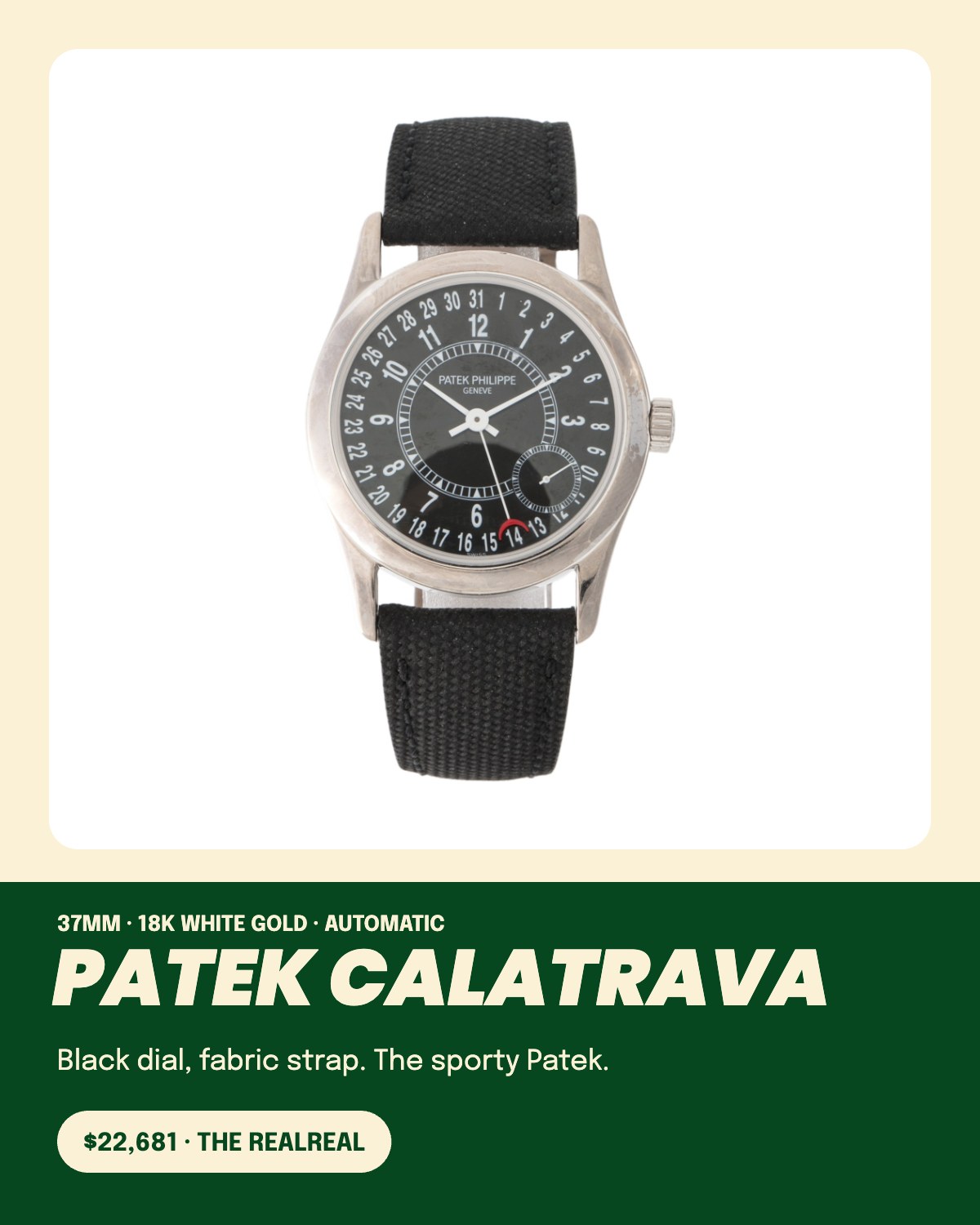 Patek Philippe Calatrava 6000, 37mm white gold, black dial, $22,681 pre-owned on The RealReal