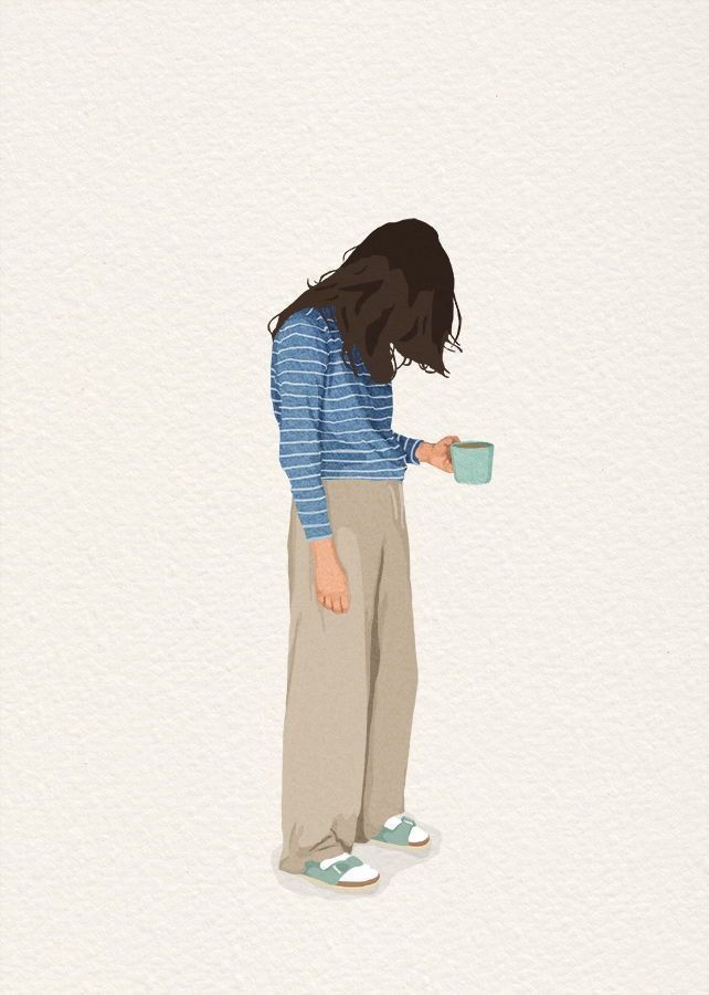 This may contain: a drawing of a woman holding a coffee cup and looking down at the ground with her hands in her pockets