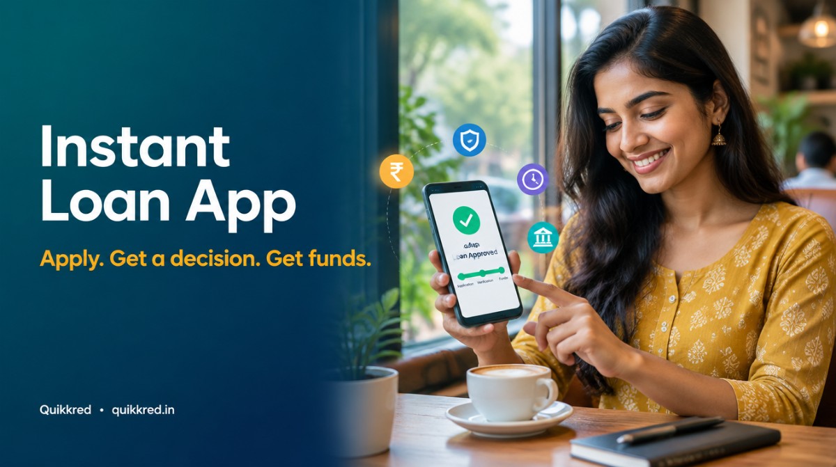 Instant loan app by Quikkred: a borrower checking a short-term loan decision on her smartphone