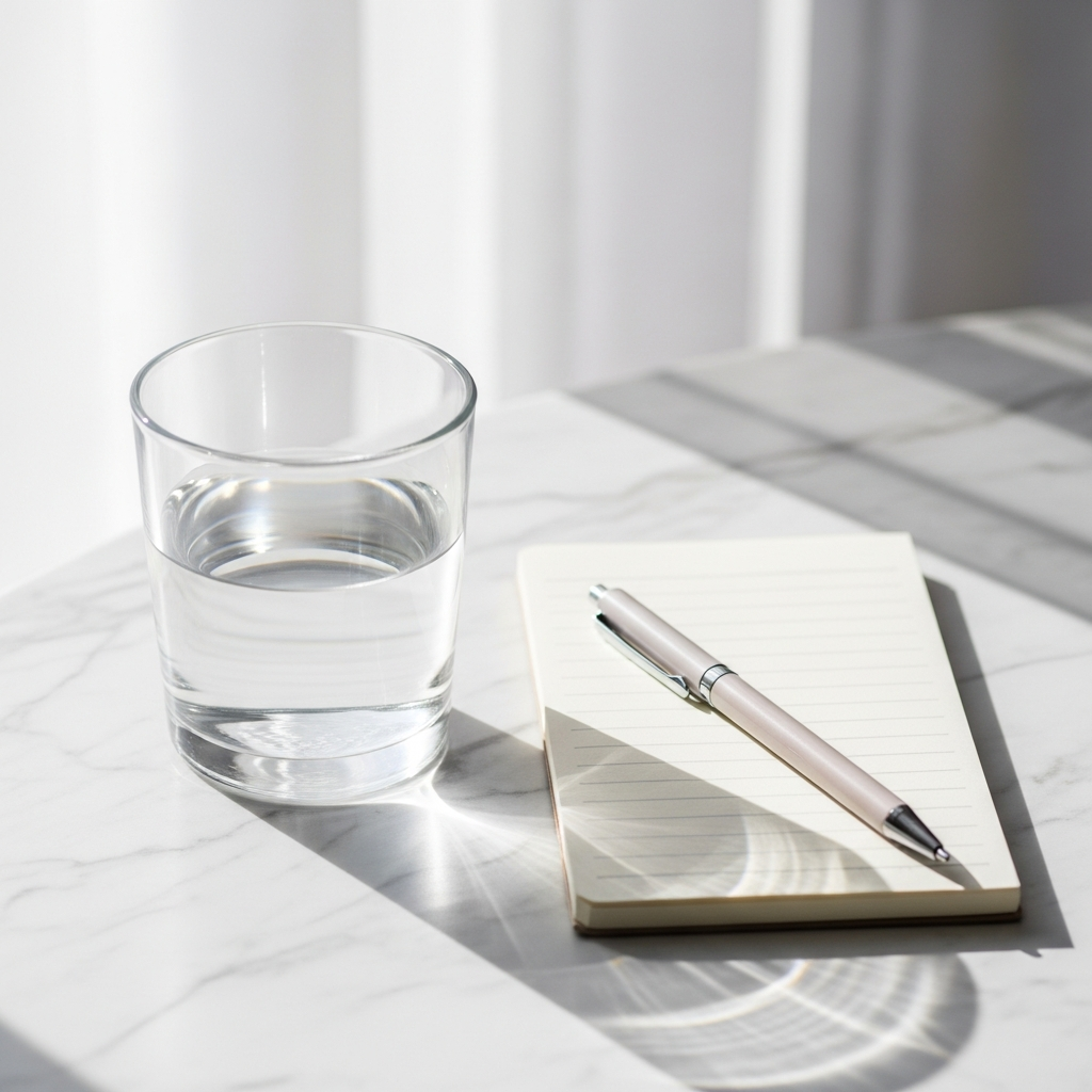 Light and airy close-up of a glass of water and a small lined notepad with a pen resting on a sunlit white marble surface, soft natural light, no text, no faces