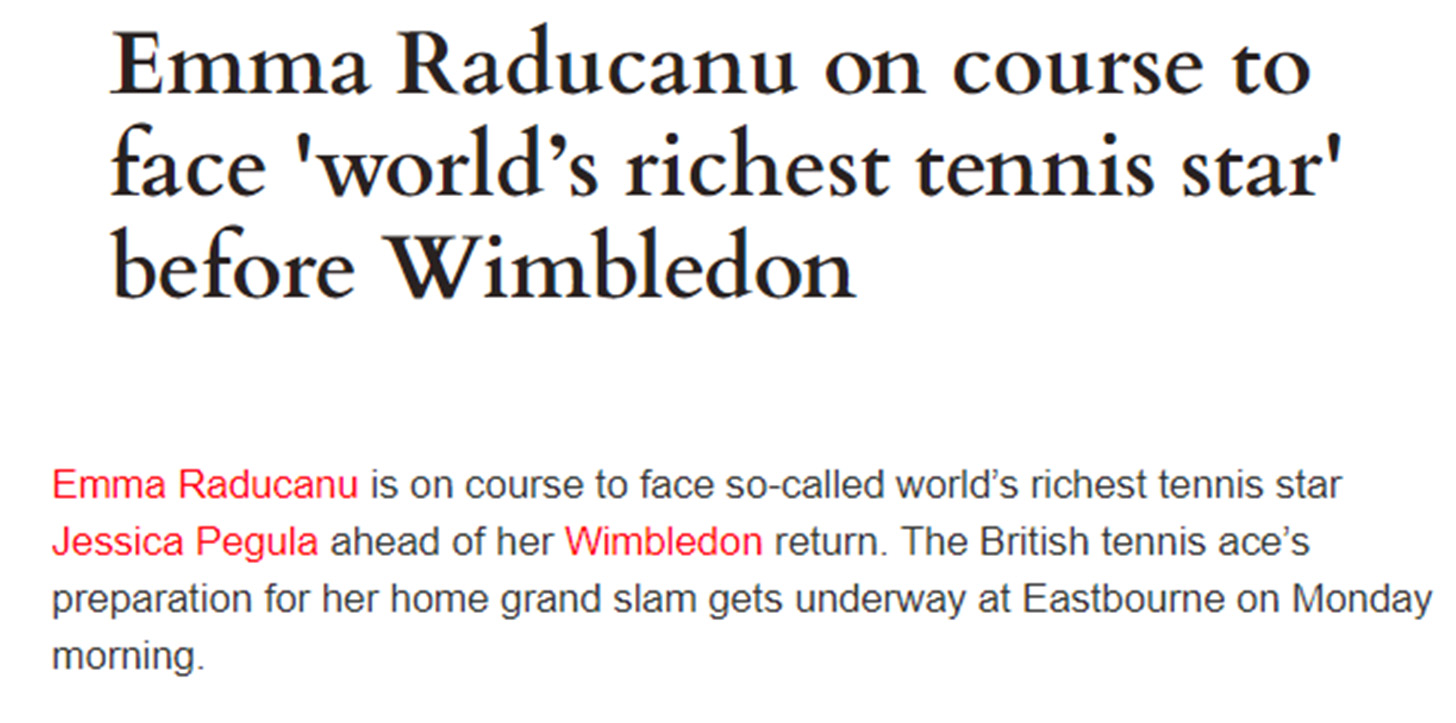 Screenshot of British news article that calls Jessica Pegula the world's richest tennis star