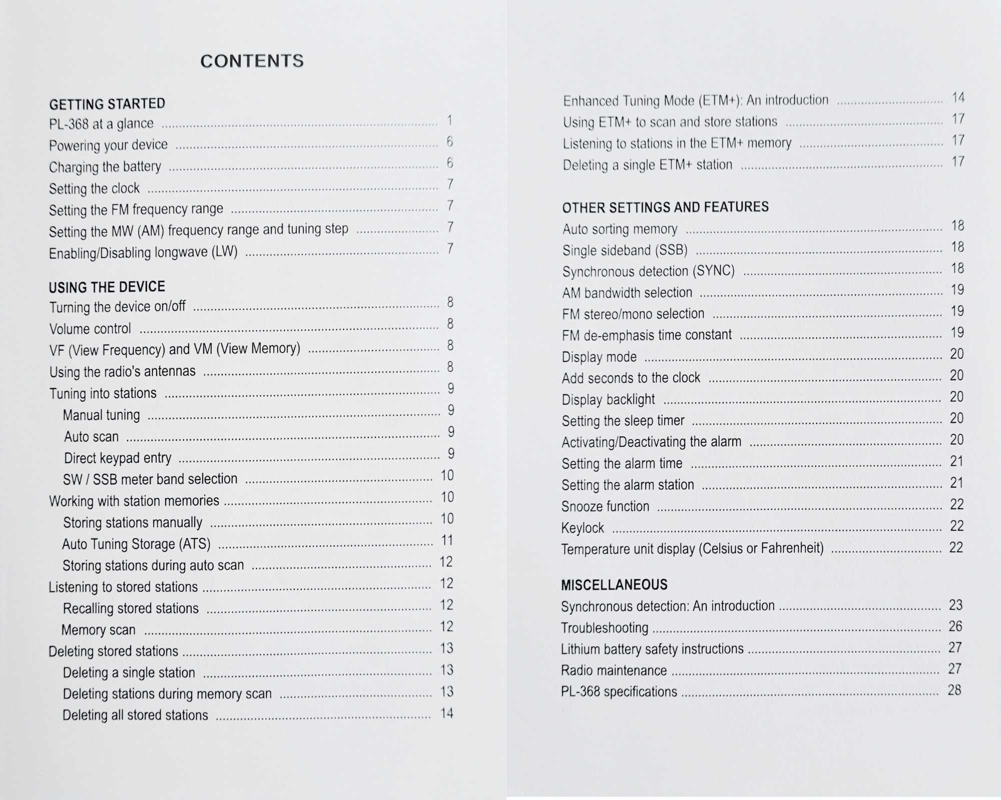 PL368 user manual table of contents