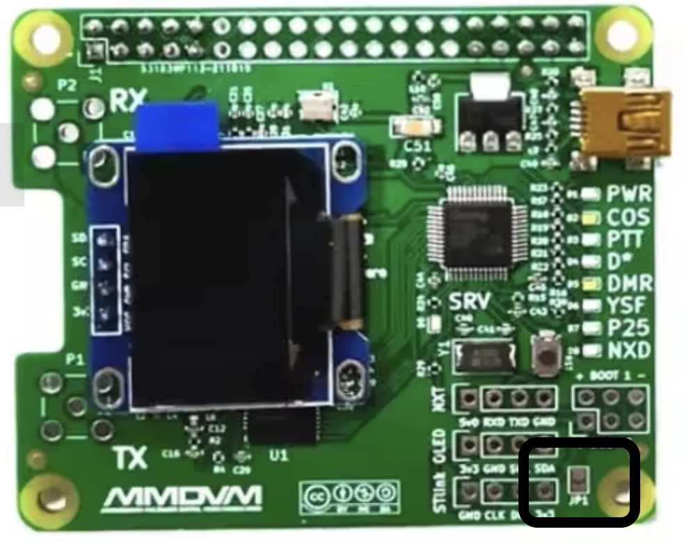 MMDVM board showing JP1 pads to jumper