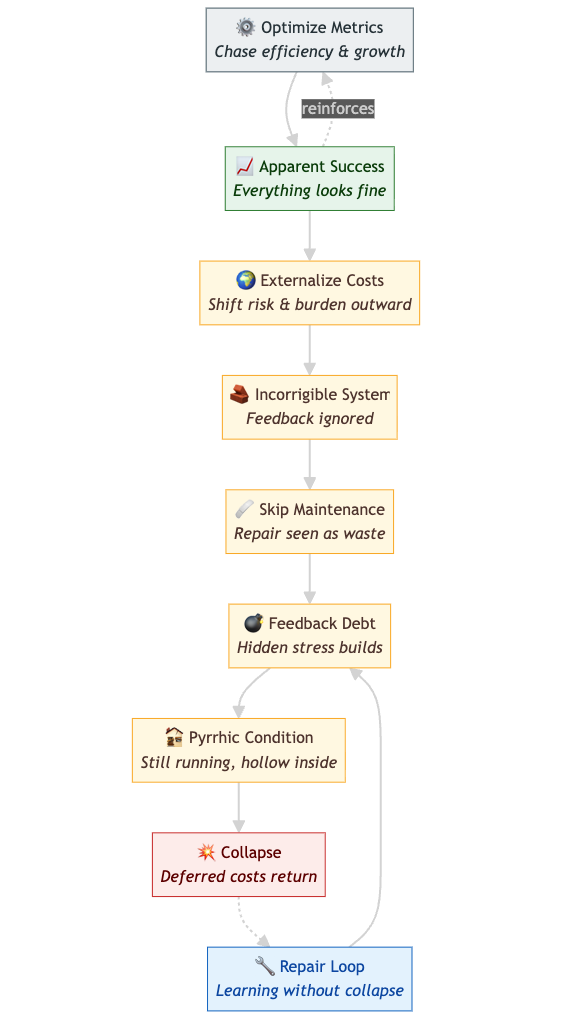 A vertical flowchart titled Destructive Optimization Loop. It starts with “Optimize Metrics,” leading down through “Apparent Success,” “Externalize Costs,” “Incorrigible System,” “Skip Maintenance,” “Feedback Debt,” “Pyrrhic Condition,” and “Collapse,” ending at “Repair Loop.” Arrows show one main downward flow and two feedback loops: one from “Apparent Success” back to “Optimize Metrics,” and another from “Repair Loop” back to “Feedback Debt.” Nodes are color-coded: green for early success, yellow for decay, red for collapse, and blue for repair.