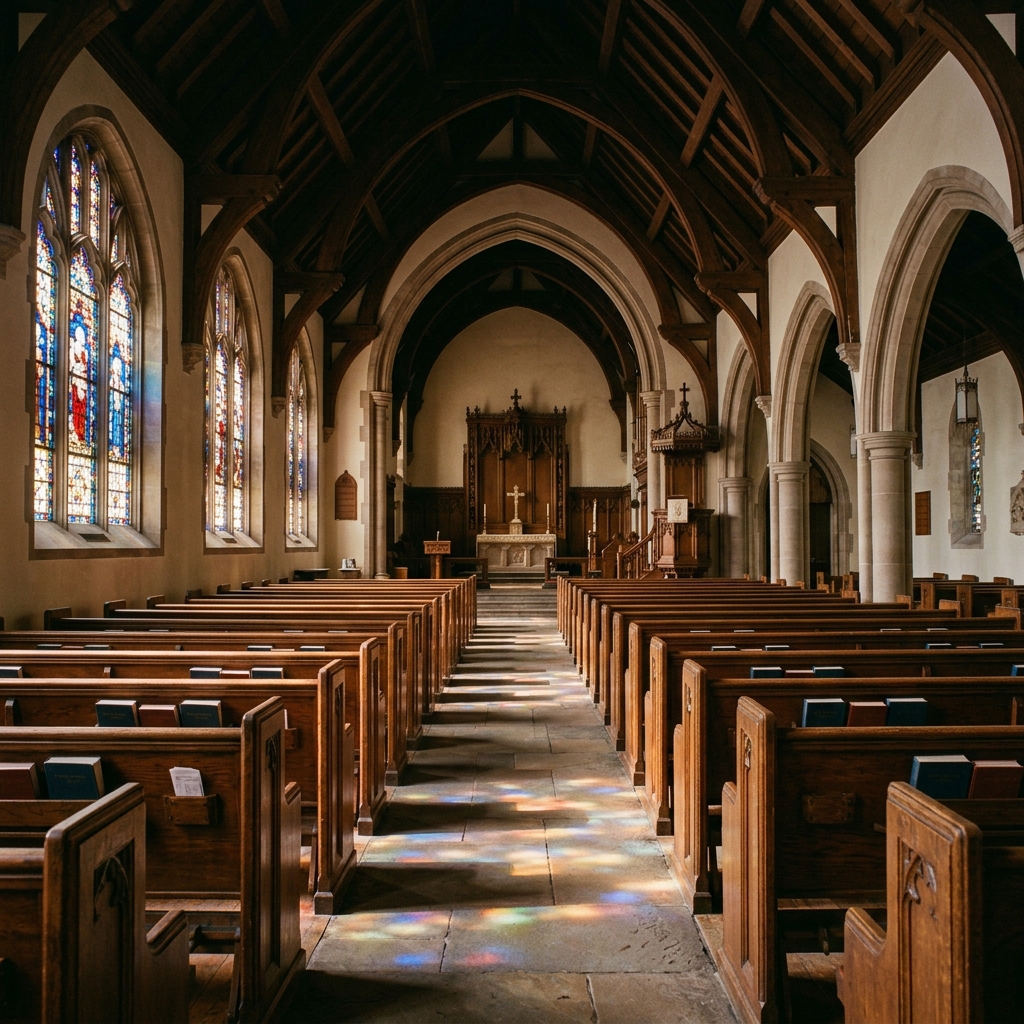 Close-up of a smartphone screen showing a Bible application in a modern church sanctuary.