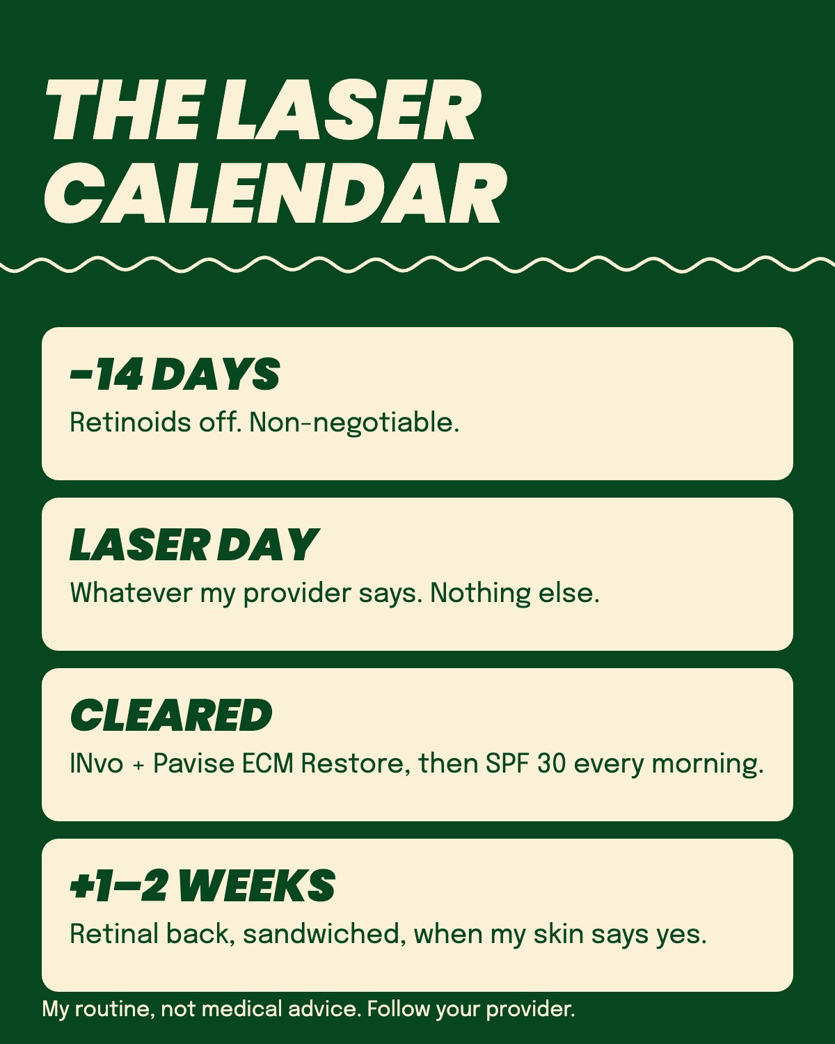Laser recovery timeline: retinoids off 14 days before, INvo once cleared, retinal back after one to two weeks