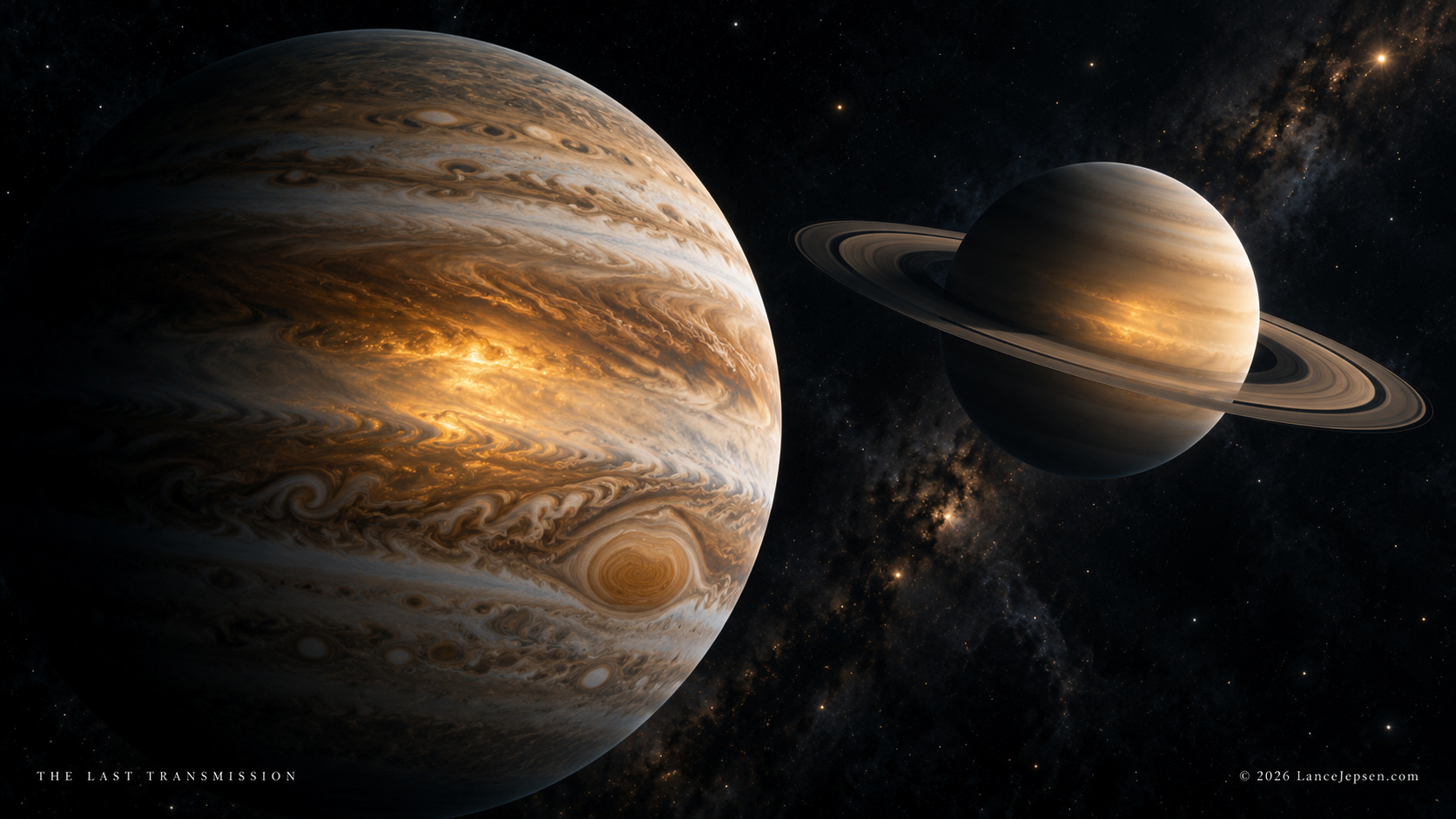 Conceptual side-by-side view of Jupiter and Saturn with diffuse interiors