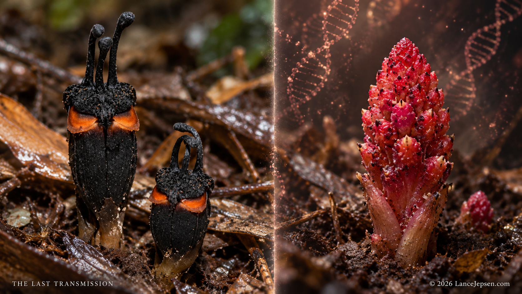 Conceptual comparison of a Thismia flower and a separate Balanophora plant with genetic motifs
