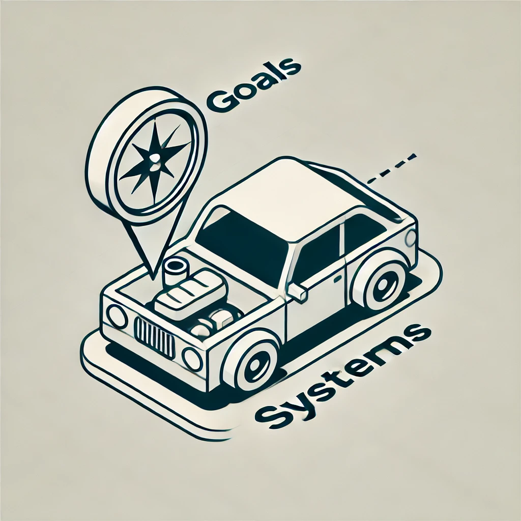 A minimalistic art depiction of a concept where goals are the destination on a GPS, and systems are the engine of a car. The image should show a simple, clean-lined car with a GPS indicating a destination. The engine of the car should be subtly highlighted to symbolize 'systems.' The overall design should be minimalist, using clean lines and simple shapes, focusing on the core elements: the car, engine, and GPS, with an emphasis on simplicity and clarity.