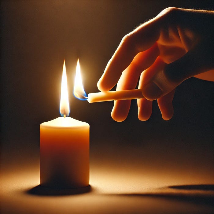 A candle lighting another, focusing on the symbolism of generosity and sharing through the transfer of light A candle lighting another, focusing on the symbolism of generosity and sharing through the transfer of light