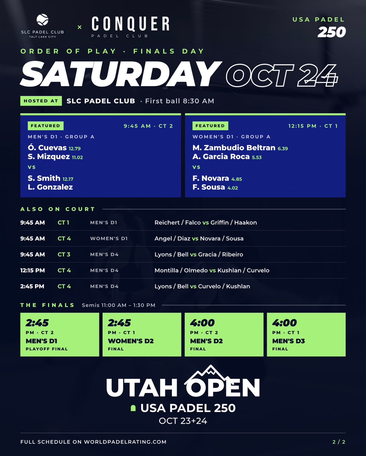 Schedule showing playing times for the Utah Open USA padel tournament