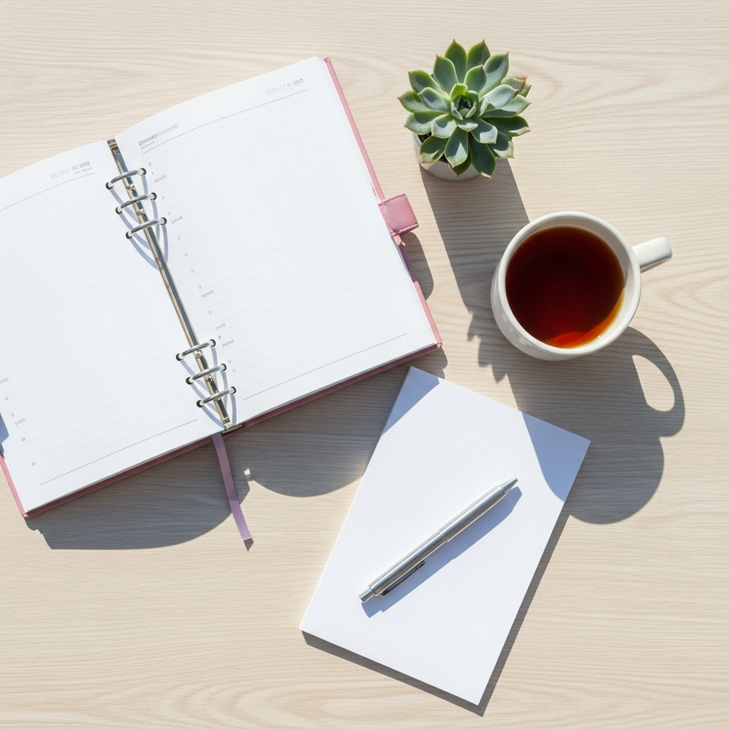 Overhead flat lay of a light wood desk with an open planner, a white ceramic mug of tea, a small succulent, and a pen resting on a clean white notepad, bright natural daylight, cream and sage tones