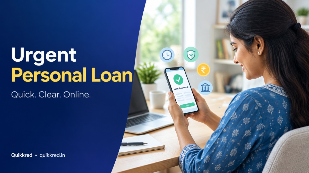 Urgent personal loan with Quikkred: a woman checking her loan decision on a smartphone at home