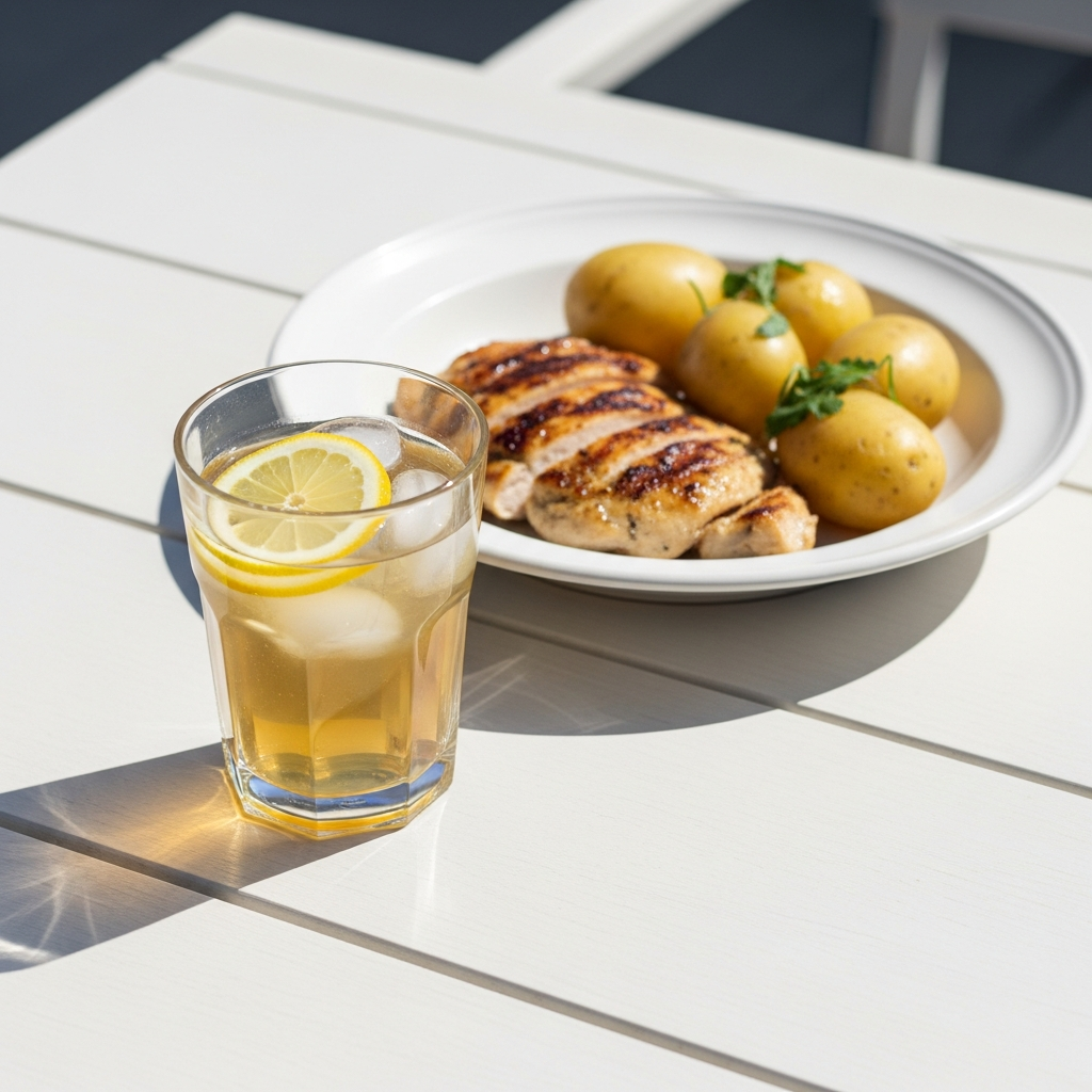 Bright photograph of a glass of iced herbal tea with a lemon slice on a sunlit white wood table beside a white ceramic plate with grilled chicken and plain potato, outdoors in natural daylight