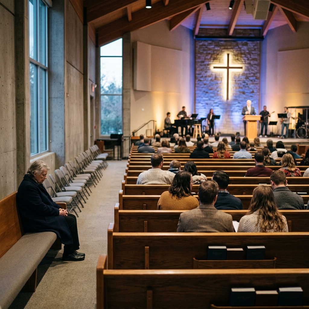 View from the back row of a church sanctuary looking forward toward the pulpit with empty seats around