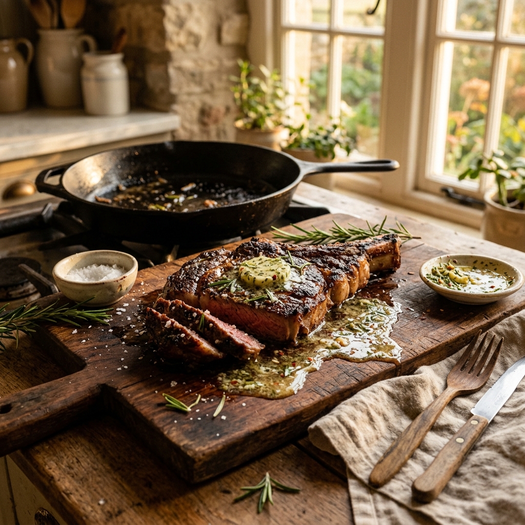Perfectly seared ribeye steak with melting rosemary herb butter on a rustic wooden cutting board in a warm farmhouse kitchen with golden hour light streaming through the window