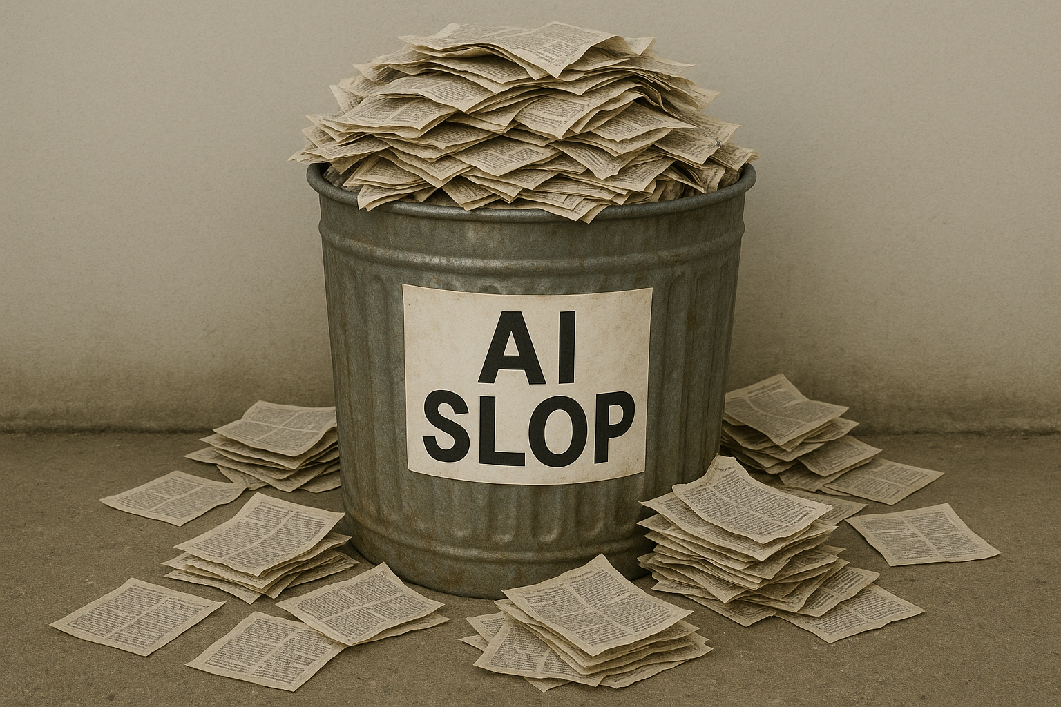 Overflowing metal trash can labeled "AI SLOP," surrounded by crumpled papers, representing low-effort AI-generated output cluttering the web.