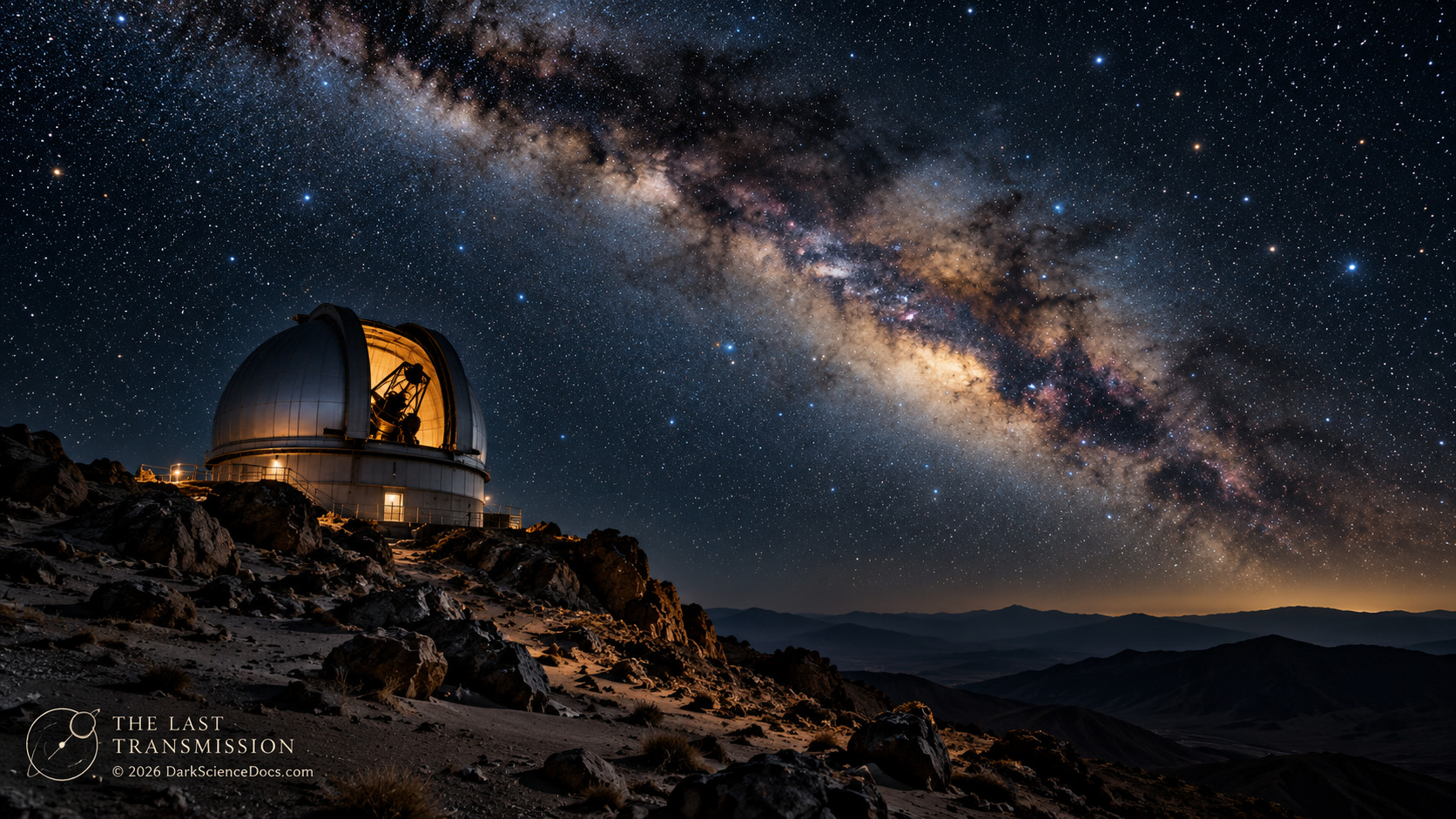 Concept artwork. An observatory scene recalls the indirect evidence used to search for otherwise dark objects.