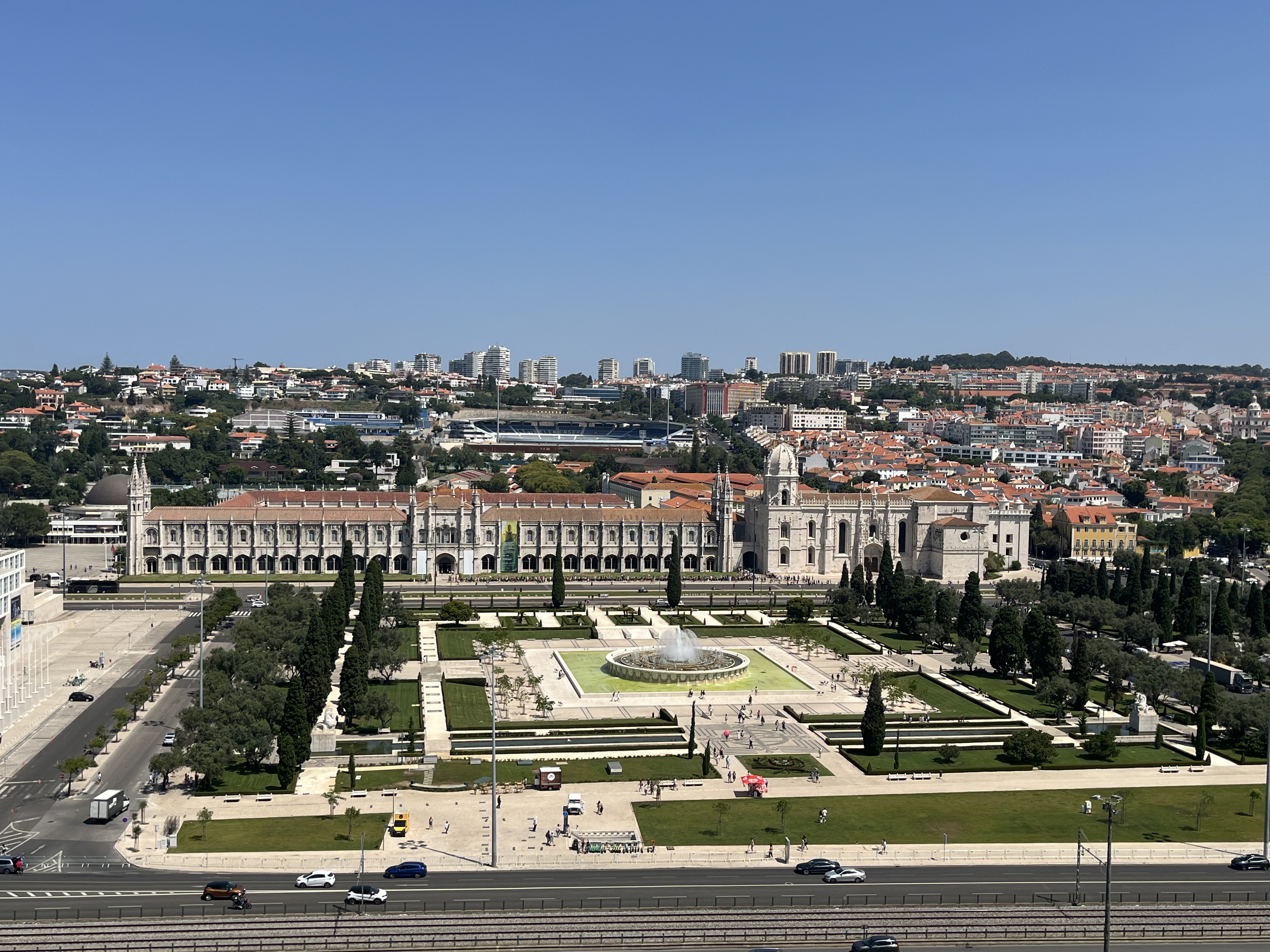 Wide view of Jeronimos Monastery and its gardens in Belem, Lisbon