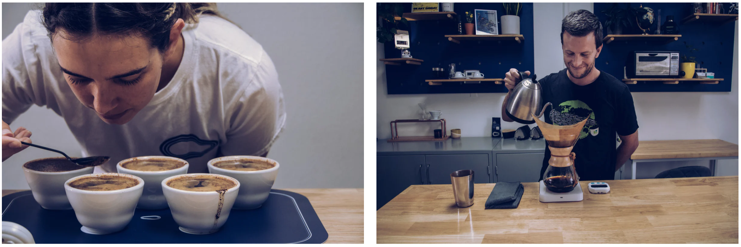 Left: A women leans over several full bowls filled with coffee to taste coffee off a spoon. Right: A barista teacher pours hot water into a coffee pot while teaching a class.