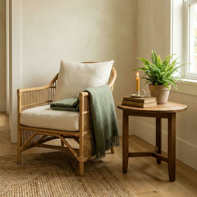 Rattan armchair with sage green throw