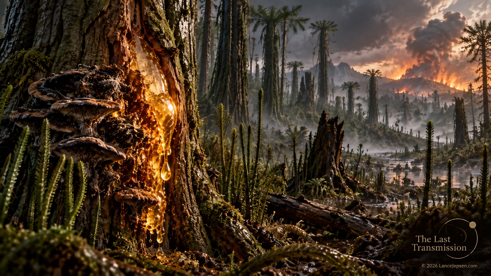 Speculative early forest with damaged plants and biological threats
