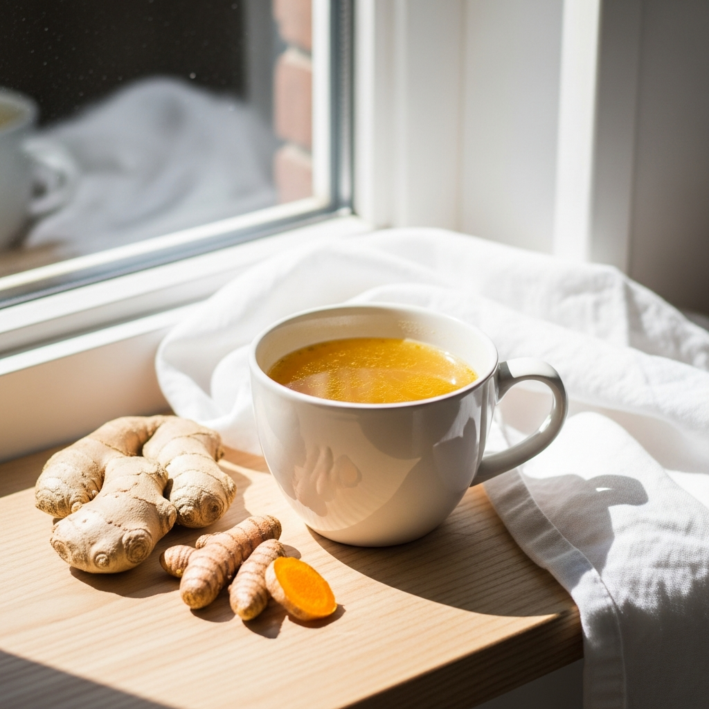 Bright photograph of a white ceramic mug of golden bone broth on a light wood surface, sunlit windowsill, fresh ginger and turmeric root beside it, white linen cloth, bright natural daylight