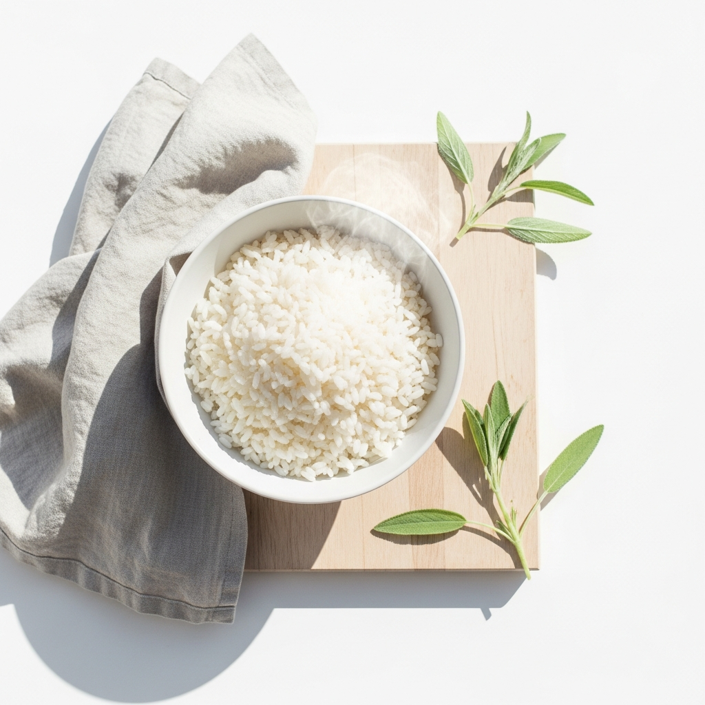 Overhead flat lay of a white ceramic bowl of steaming white rice on a light wood surface, bright natural daylight, soft linen cloth beside it, pale sage green herbs scattered nearby, white background