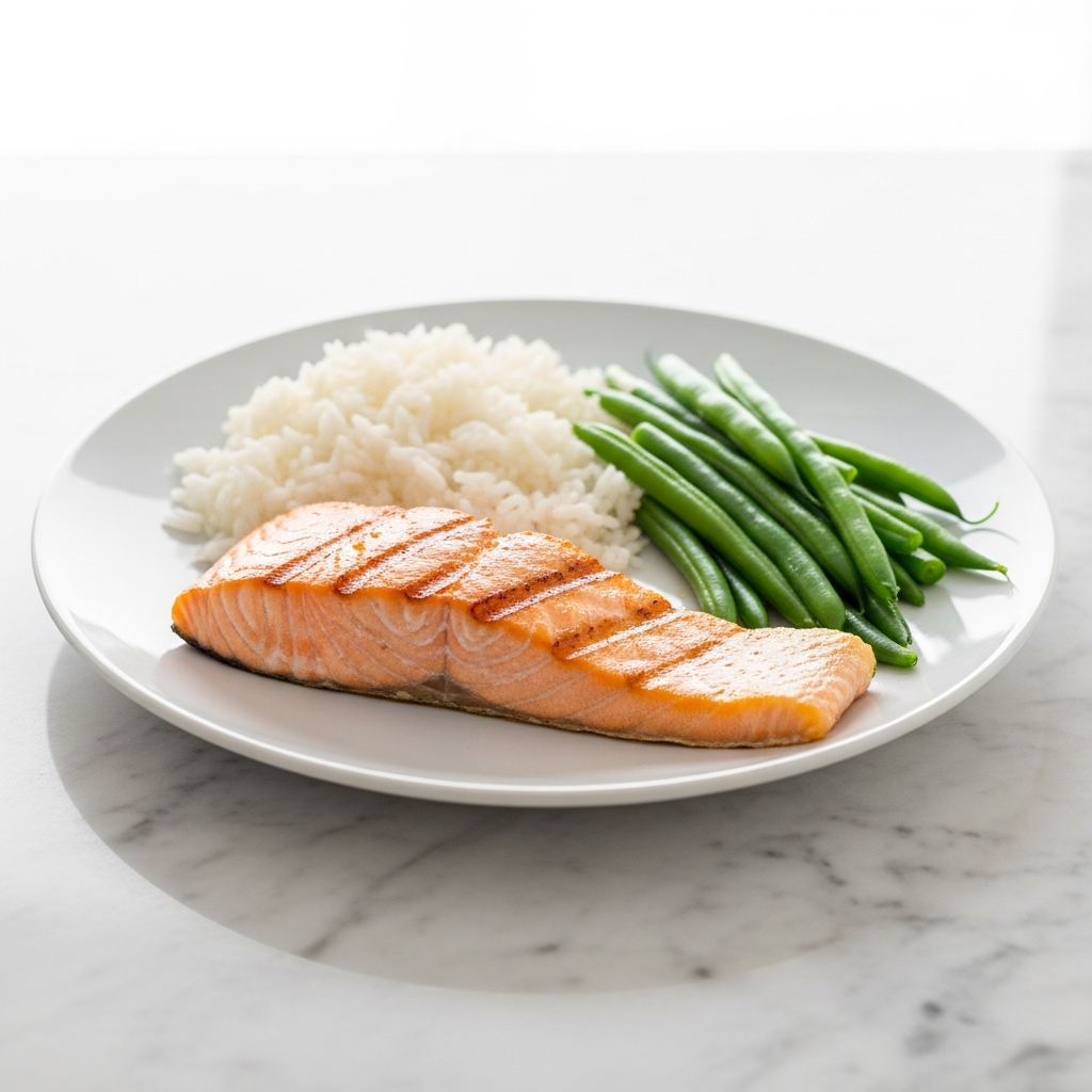 Light and airy close-up of a white ceramic plate with grilled salmon fillet, plain steamed white rice, and tender cooked green beans on a bright marble countertop in natural daylight