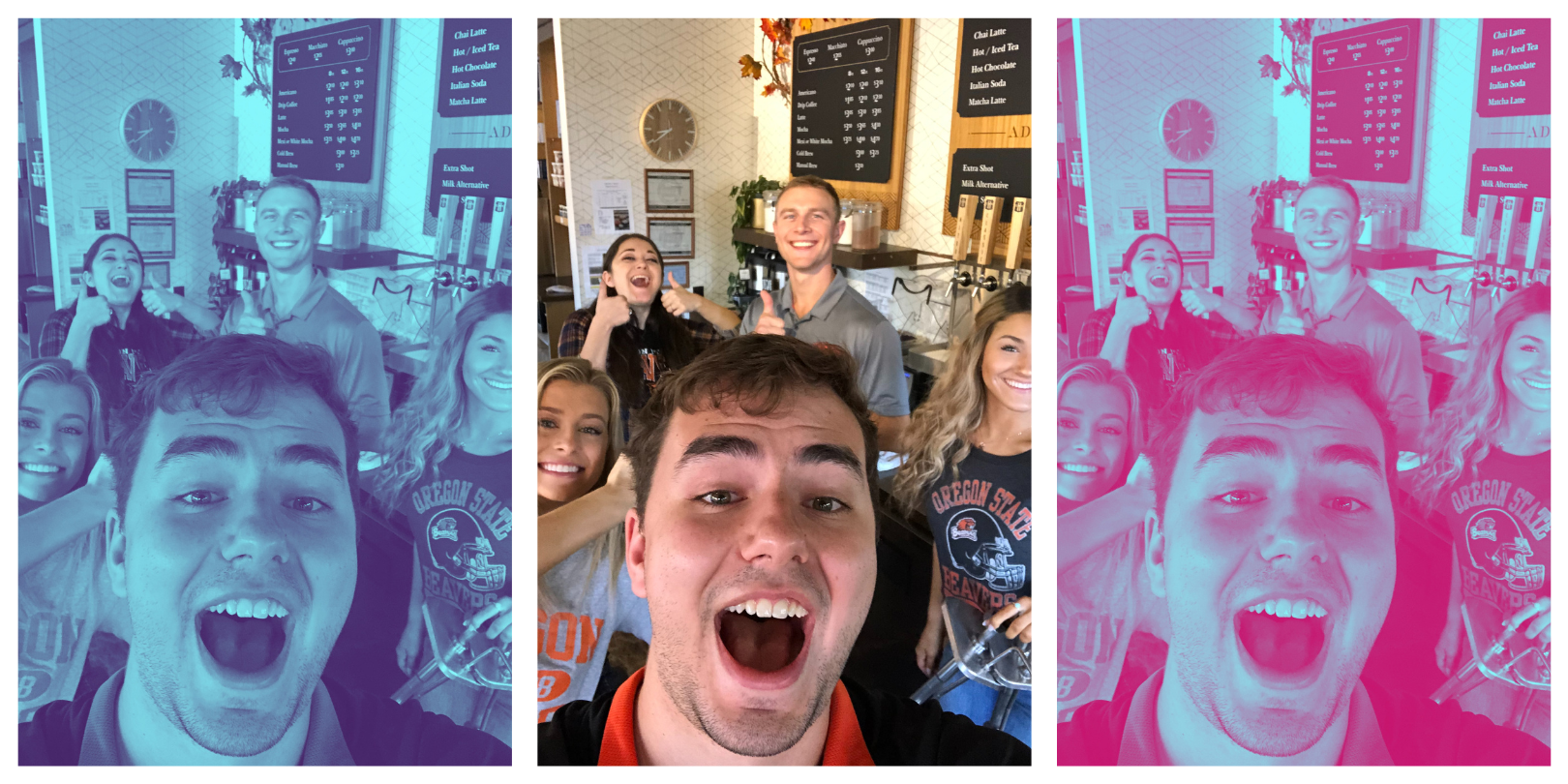 A triptych of the same photograph colored in different ways. A barista takes a self with a big open smile while his colleagues smile and give thumbs up in the background.