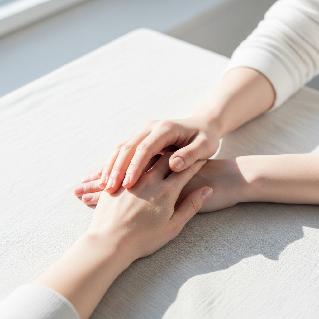 Light and airy close-up of two hands resting on a pale linen tablecloth, one hand gently placed over the other in a gesture of comfort, soft natural daylight, white and cream tones, no faces visible