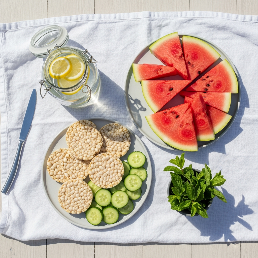 Bright overhead flat lay of a sunlit summer picnic spread on a white linen cloth — sliced watermelon, rice crackers, cucumber rounds, a glass jar of water with lemon, and a small bunch of fresh mint on a light wood surface in bright natural daylight