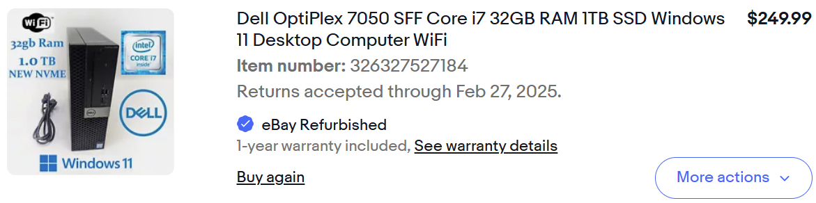 eBay listing of Dell OptiPlex 7050 SFF