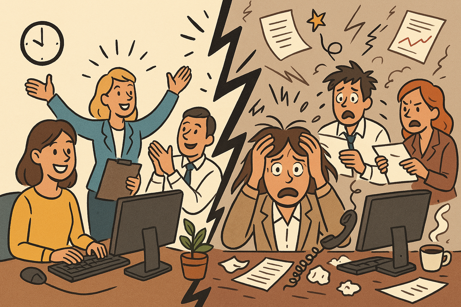 A cartoon of people at a desk A cartoon of people at a desk