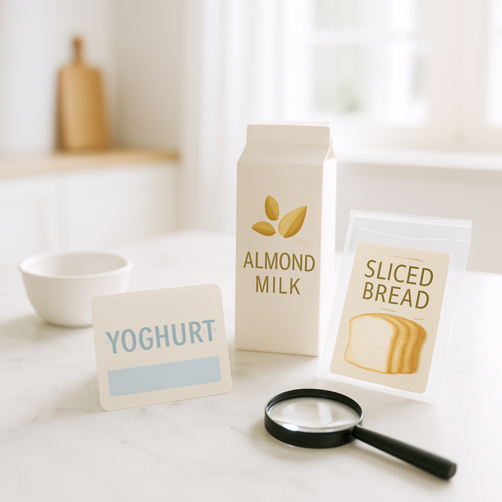 Bright photograph of a white marble countertop with several everyday food packaging labels spread out in natural daylight — yoghurt, almond milk carton, sliced bread bag — with a small white ceramic bowl and a magnifying glass nearby, light wood accents, airy white kitchen background
