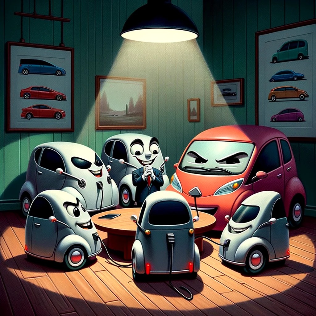 whimsical depiction of animated electric cars hosting a secret meeting, with one car looking suspiciously like a former employee.