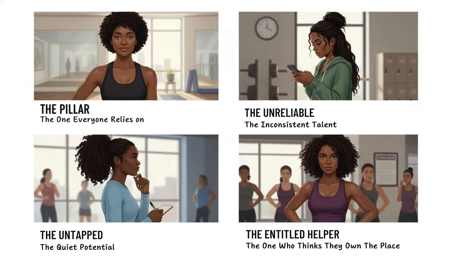 Four Black fitness instructors representing different leadership and team dynamics in a boutique studio.