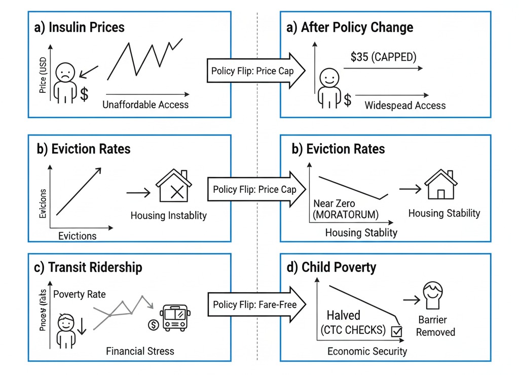 Four panels showing effects of policy flips: insulin price cap vs cost spikes, eviction moratoria vs rent debt, transit fees vs free rides, and child tax credit expansion vs cuts.