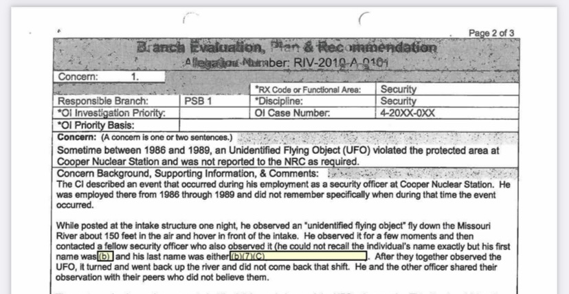 Article and U.S. government UFO documents: "Nuclear Regulatory Commission (NRC) UFO Files Released"