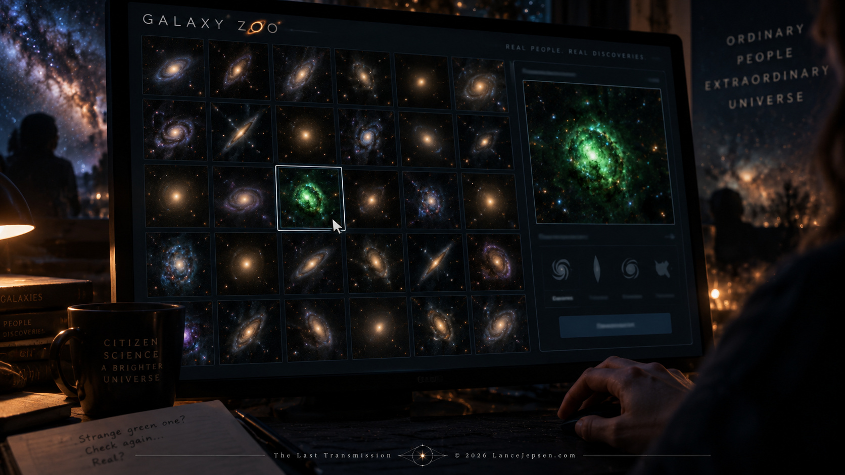 Conceptual volunteer noticing a tiny green galaxy in a sky survey image