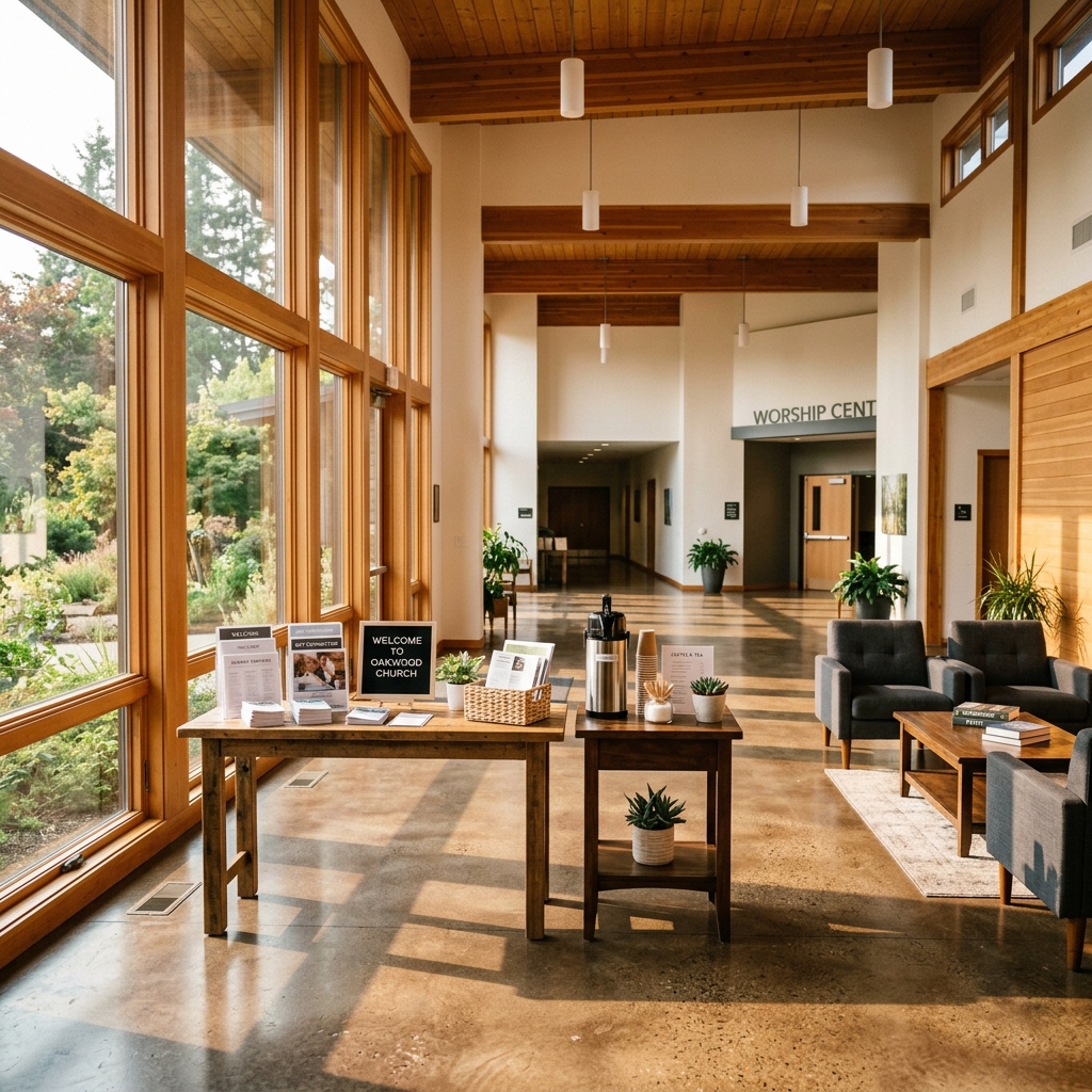 Warm sunlit empty church lobby with welcome table and coffee station