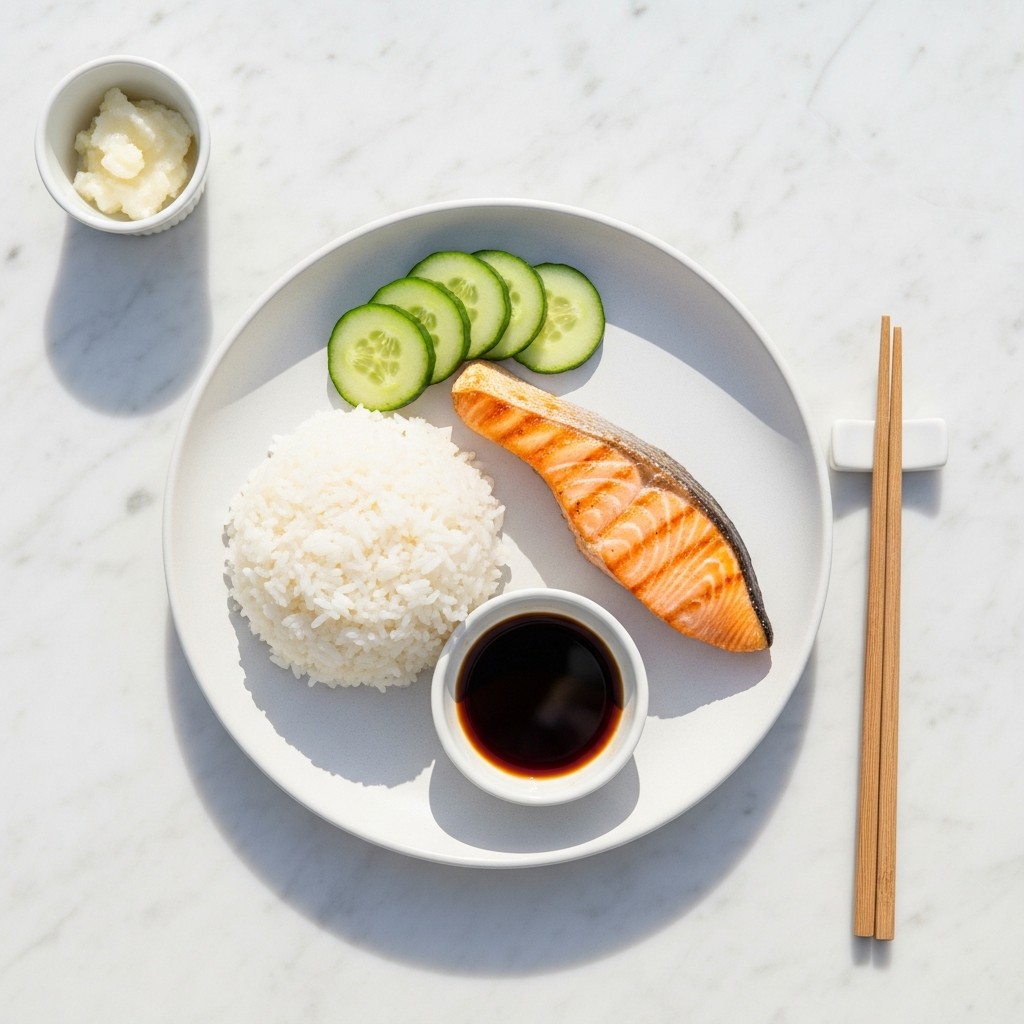 Overhead flat lay of a simple Japanese-style meal on a white ceramic plate — steamed white rice, grilled salmon fillet, sliced cucumber, small dish of soy sauce — on a light marble surface, bright natural daylight, fresh and clean, no people, no text