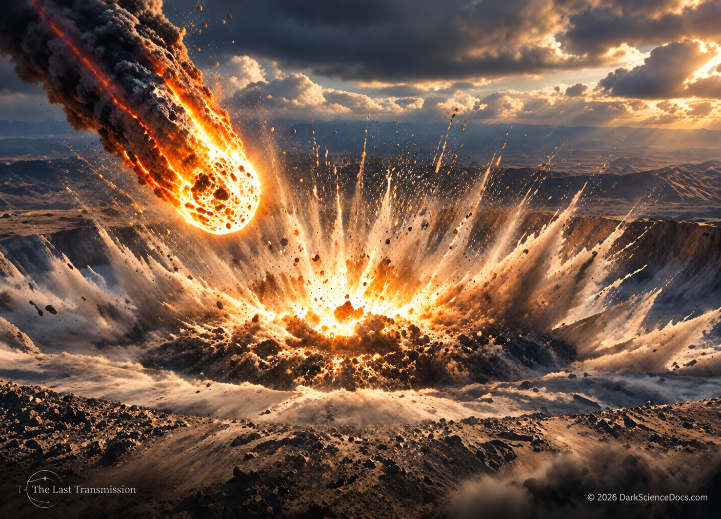 A large asteroid impact releases tremendous energy into the crust, fracturing rock, melting material and reorganizing the surrounding landscape.