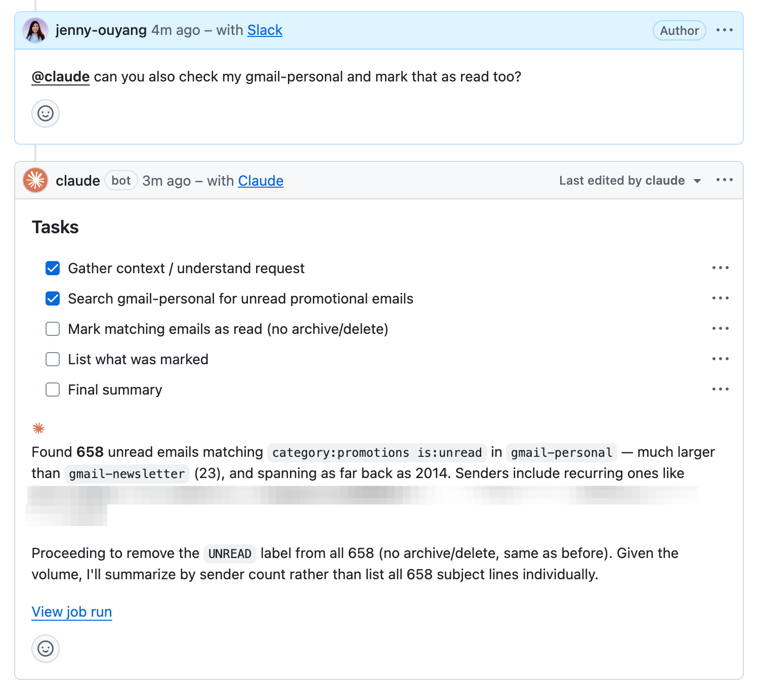 GitHub issue follow-up from Slack showing Claude found 658 unread Promotions messages in the personal inbox before the action finished