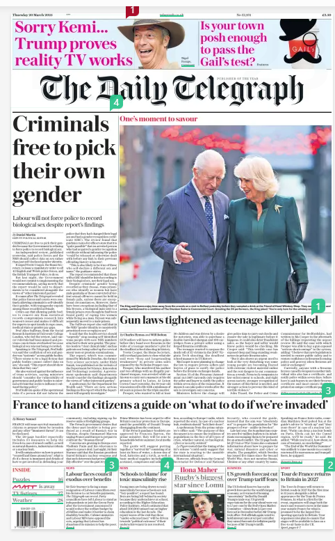 Criminals free to pick their own gender Labour will not force police to record biological sex despite report’s findings The Daily Telegraph20 Mar 2025By Daniel Martin DEPUTY POLITICAL EDITOR CRIMINALS are free to pick their gender because the Government is refusing to force police to record biological sex. An independent review, published yesterday, said police forces and the NHS should collect data on sex rather than just self-declared gender identity. It urged Yvette Cooper, the Home Secretary, to issue a mandatory order to all 43 English and Welsh police forces, and the British Transport Police, to do so. But last night, the Government would not commit to implementing the recommendations, saying merely that the report would be sent to departments to be considered alongside the views of “other interested parties”. It comes after The Telegraph revealed that police forces and courts were routinely allowing criminals to self-identify their gender, with transgender rapists among those recorded as female. Critics say that allowing public bodies to remove sex from statistical records compromises research into women’s issues and makes it difficult for experts to spot trends in rape cases, medical trials or gender pay gaps. Prof Alice Sullivan, from the Social Research Institute at University College London, who led the review, said cancer referrals had been missed and previous convictions overlooked because biological sex was not being recorded. Speaking to The Telegraph, Prof Sullivan said the conflation of sex and gender was “systemic” across public bodies. “There seems to be a legal fiction that public bodies cannot collect data on sex,” she said. “This report should show them that they can.” She also warned against the influence of trans activists, saying ministers should “consider the vulnerability of government and public bodies to internal activism that seeks to influence outward-facing policy”. Prof Sullivan spoke of the operational risks if a person did not inform the police that they had changed their legal sex and had a gender recognition certificate (GRC). The review found that guidance notes for officers state that it is “quite possible” that an arrested person who had acquired a gender recognition certificate without informing the police “could be released or otherwise dealt with before any link to their previous offending history is known”. “This is also likely to be true of those who self-declare a different sex and name,” the guidance states. The report recommended that those with a GRC should be listed according to their biological sex, not their legal sex. Despite criminals’ gender being recorded as they choose, trans prisoners who identify as women but have male genitalia or those convicted of violent sexual offences cannot be held in female jails, unless there are exceptional circumstances. However, there have been exceptions including that of Isla Bryson, a biological man sent to a female prison even though he had been found guilty of raping two women while living as a man. Bryson was subsequently moved to a male prison. The Sullivan report also said that in the NHS “gender identity is consistently prioritised over or replaces sex”. It said that the health service should “urgently” stop issuing self-identified trans people with new NHS numbers attached to their new gender. The practice leads to “clear clinical risks”, such as patients not being called up for cervical smear tests or prostate examinations. The report, which was commissioned by Michelle Donelan, the former Tory science secretary, under Rishi Sunak, was published on the website of the Department for Science, Innovation and Technology yesterday. A government spokesman said departments would consider the findings alongside the views of “other interested parties”. A spokesman for the Department for Health said: “There are new, serious findings in this report which the department will urgently investigate.” Article Name:Criminals free to pick their own gender Publication:The Daily Telegraph Author:By Daniel Martin DEPUTY POLITICAL EDITOR Start Page:1 End Page:1